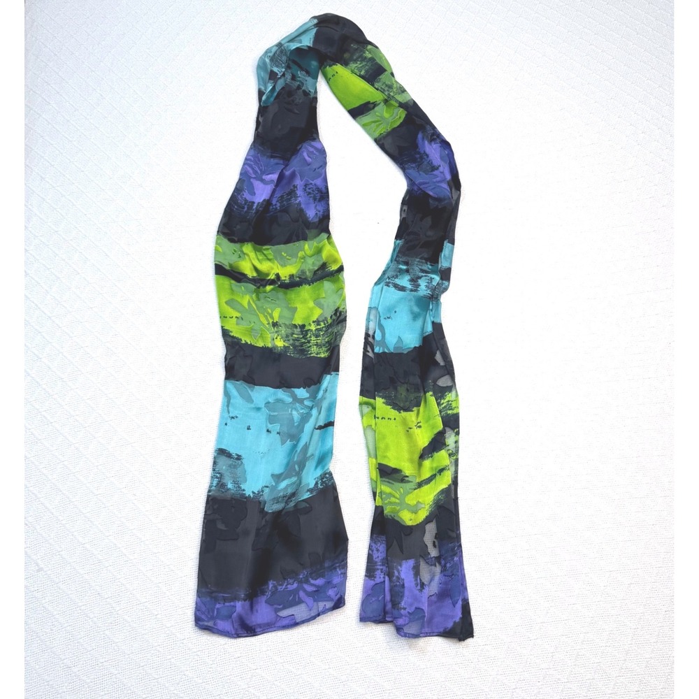 Floral Burnout Scarf Blue Purple Lime Green Black Color Block Sheer Lightweight